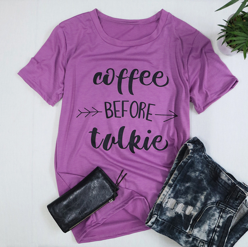 Casual Womens T Shirt Summer Short Sleeve Round Neck Unique Coffee Letter Print Wholesale Supply