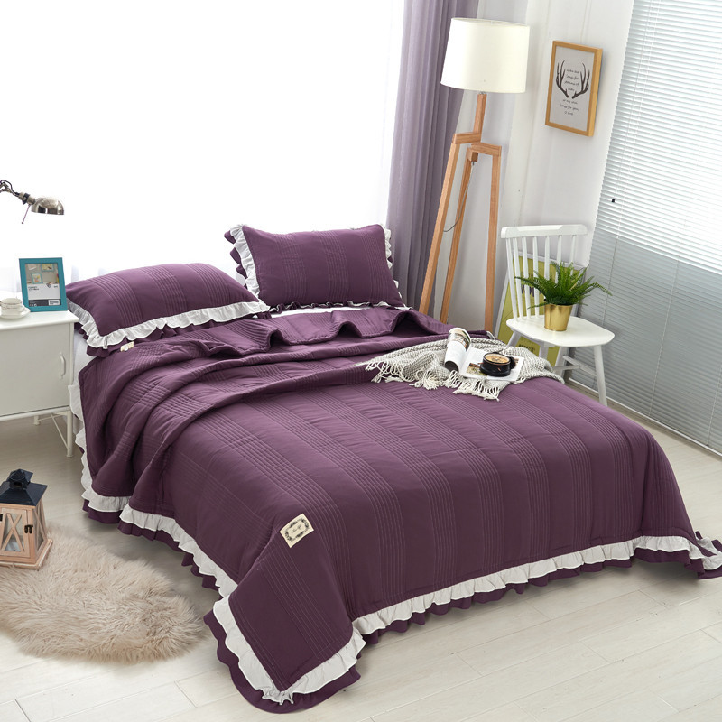 2018新款水洗棉床盖花边绗缝被纯棉水洗被床盖三件套床罩套件现货