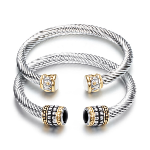 European and American vintage titanium steel twisted wire gold two-color bracelet stainless steel cable wire bracelet set with semi-precious stones