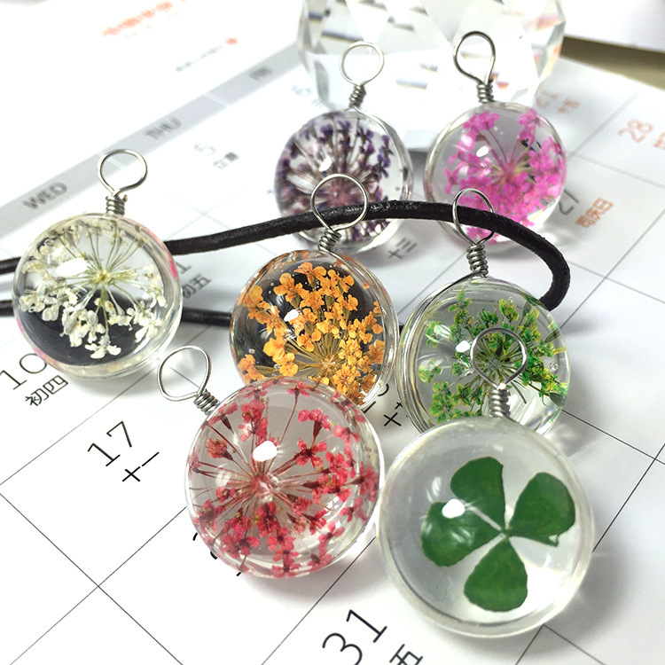 跨境芳拓 宝石项链桃花四叶草蒲公英项链森干花夜光 DIY玻璃吊坠