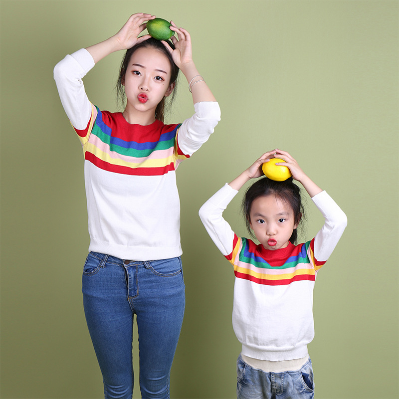 Хлопковый свитер, радужный шарф, трикотажная пижама, в корейском стиле, длинный рукав, семейный стиль