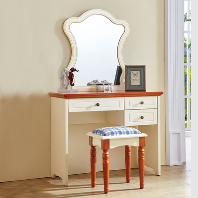 地中海實木梳妝台臥室小戶型簡約化妝桌1米 美式鄉村臥室家具藍白