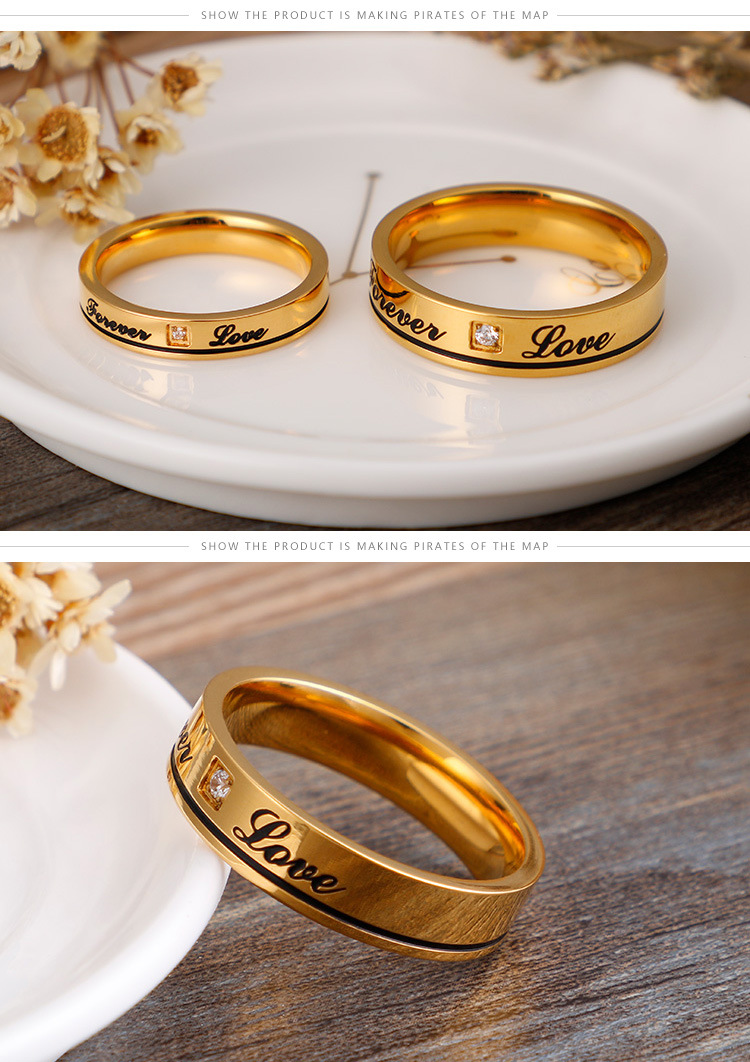 Foreign Trade Titanium Steel 18k Real Gold Fashion English Eternal Love Zircon Couple Ring display picture 6