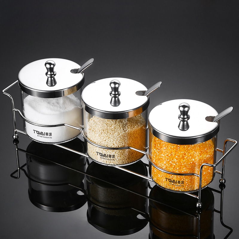 Borosilicate glass 304 Stainless steel Sauce pot combination suit visual  Glass Salt shaker Sugar Bowl Seasoning Box suit