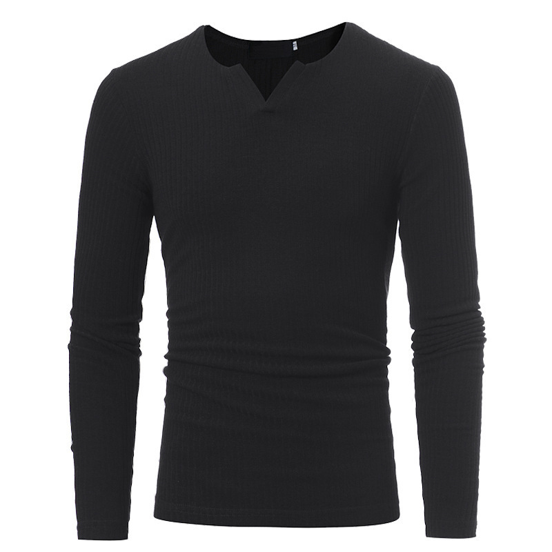 T-shirt da uomo con scollo a V a righe verticali a maniche lunghe lavorata a maglia sottile_voghion.com