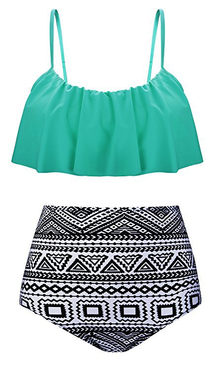 2022. gada peldkostīms ar dalītu bikini ar augstu jostasvietu ar apdruku uz pleciem, lotosa lapu malas krūšturis, bikini_voghion.com