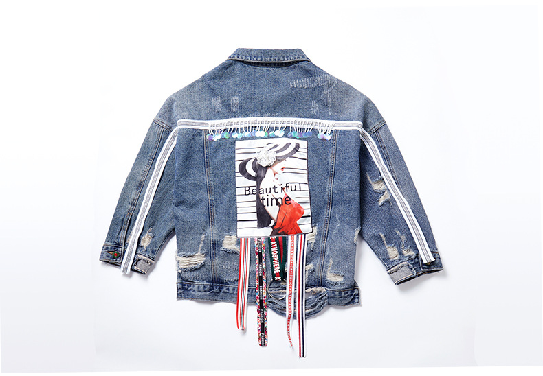 Loose Denim Ribbon Ripped Jacket NSDT12495