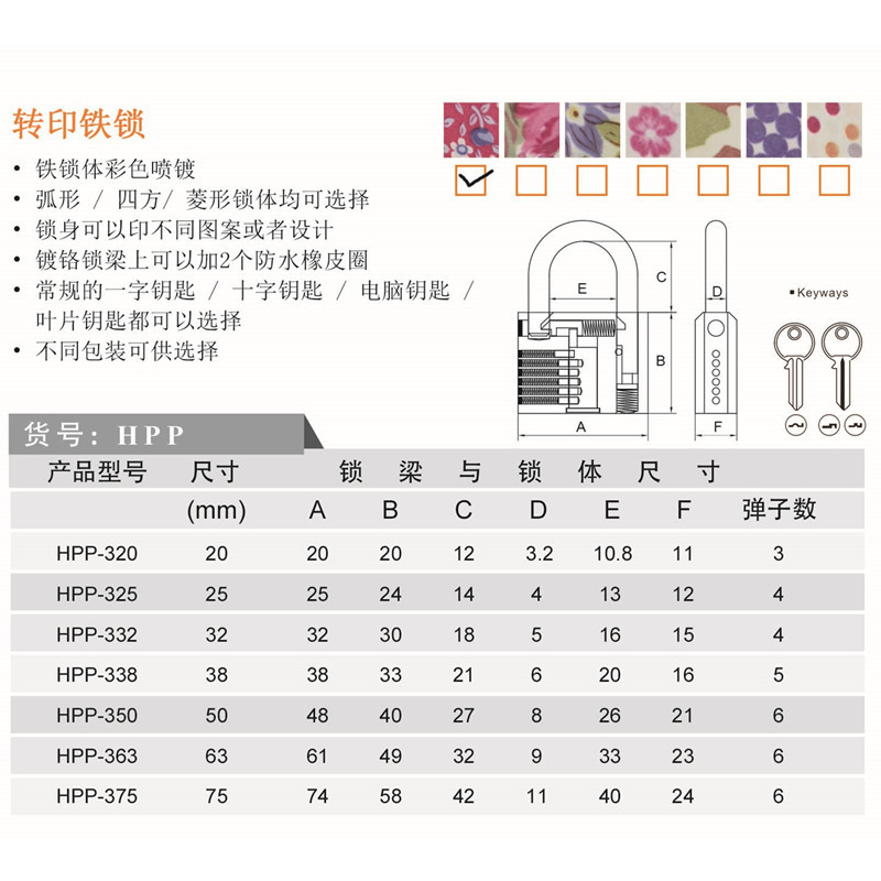 Factory direct heating transfer printing iron padlocks, door locks, printed locks, multi-color and multi-specification bags, arc-shaped color lock heads, wholesale padlocks, hardware locks pic 1
