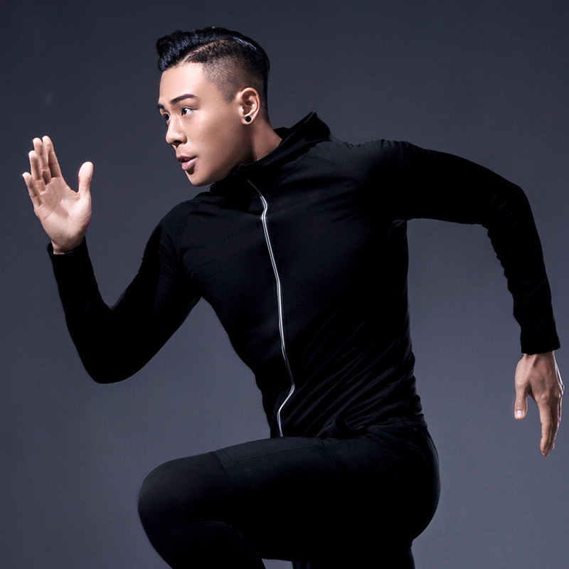 Sports tights men's quick-drying running training clothes hooded zipper sweat-wicking fitness coat Cardigan factory outlet