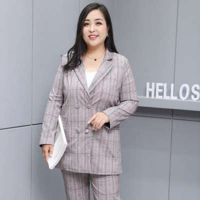 56#2020秋裝新款格子小西裝正裝修身大碼女裝中長款外套
