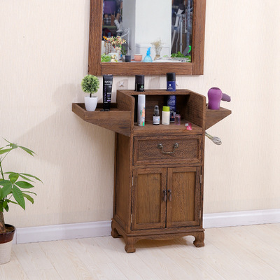 实木理发店镜台落地复古壁挂式单面镜子美发店专用工具储物柜发廊|ms