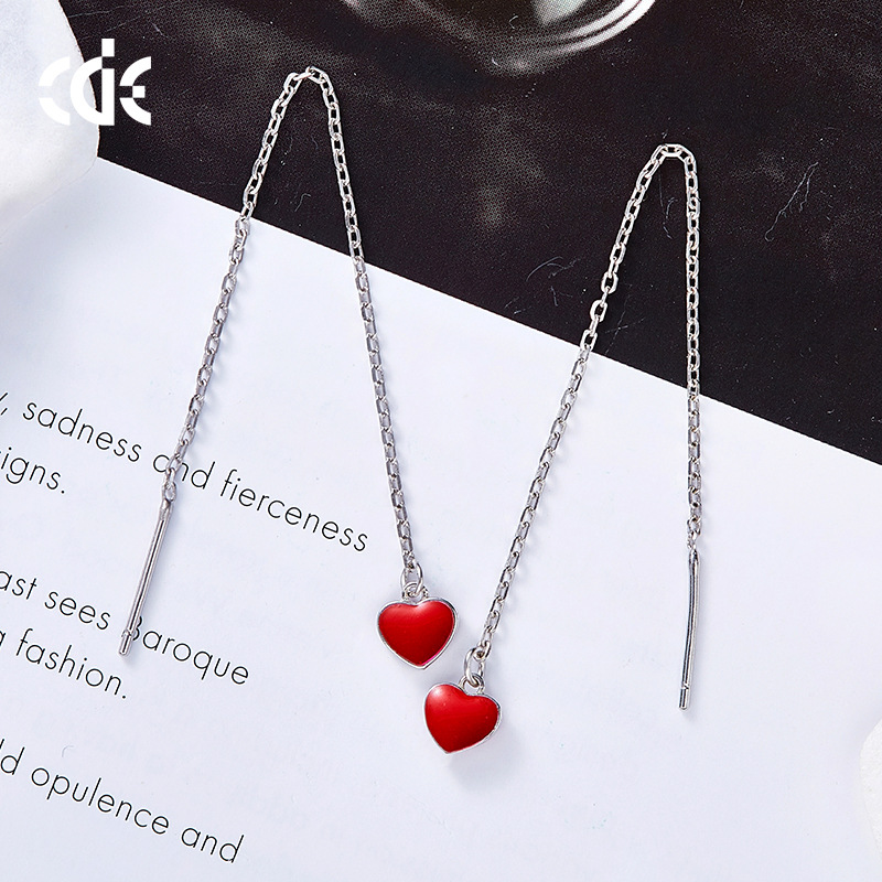 定制西黛尔新款s925银小红心耳线女简约心形耳饰韩版长款耳环批发|ru