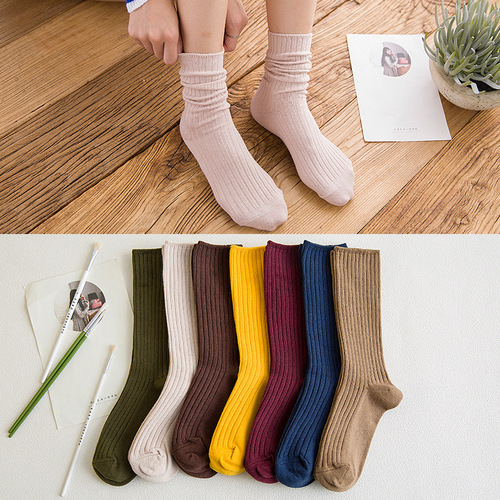 Japanese solid color women's cotton socks mid-calf double-needle striped pile socks winter socks women's Zhuji street stall women's socks wholesale