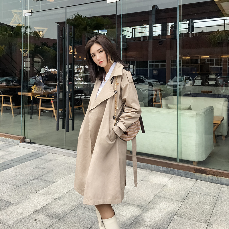 chic风衣女中长款2018新款秋装韩版宽松过膝卡其色小个子大衣外套|ru