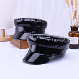 秋冬新款镭射漆皮海军帽子批发时尚个性炫酷反光鸭舌帽男女贝雷帽