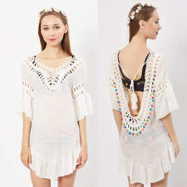 春夏新款女装沙滩防晒衣罩衫镂空U形露背绑带T恤AS271