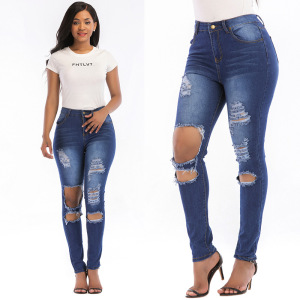 European women wear fashion jeans holes high waist trousers