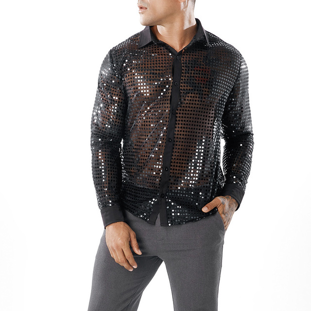 Men’s Dot Scale Night Shop Men’s Long-sleeved Turn-collar Shirt