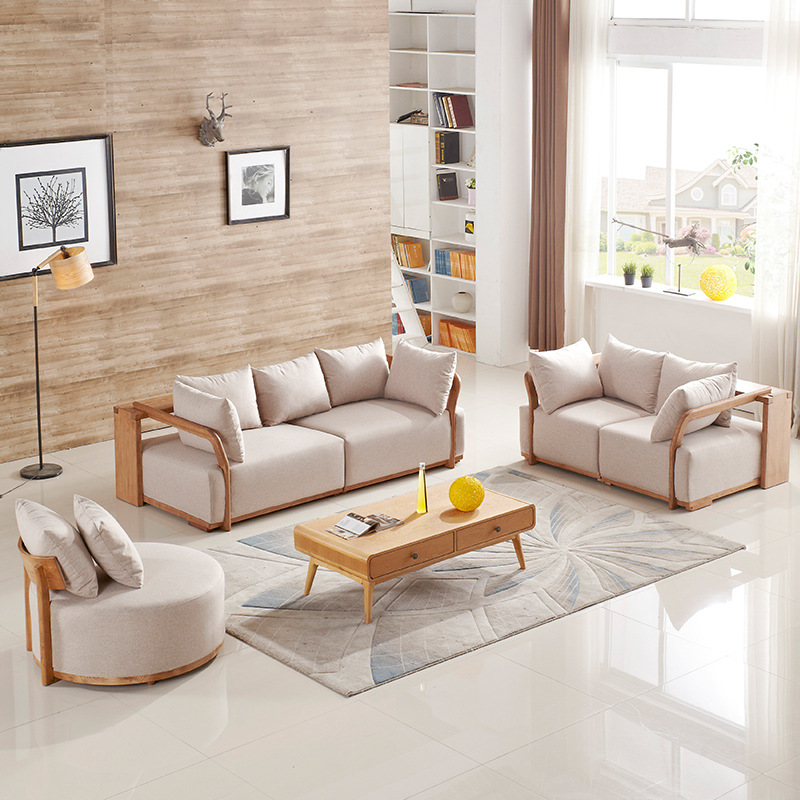 设计师现代中式榫卯工艺可拆洗白腊木实木麻布布艺沙发客厅组合|ms