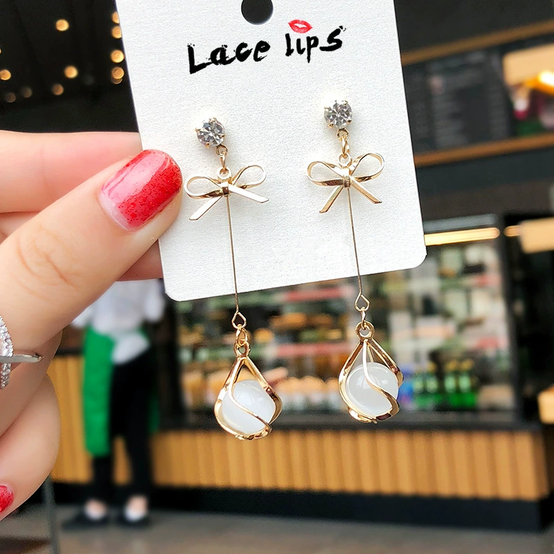 Симпатичные серьги с бантом и кисточками, модные простые универсальные модные элегантные серьги в виде капли воды в виде кошачьего глаза, женские серебряные иглы