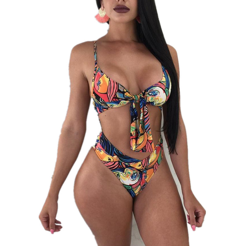 printing wrap chest sling hollow backless one-piece swimsuit NSYLH131540