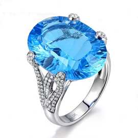 臻荣镶嵌克拉托帕石订婚戒指 欧美高贵镀18k彩色蓝宝石戒指 女款