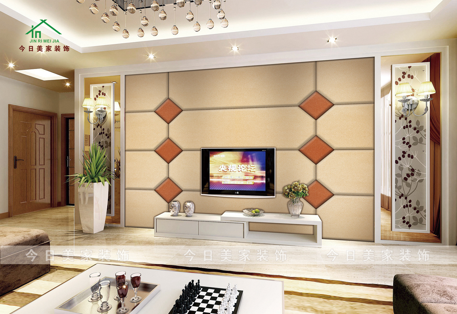 家装设计软包黑镜电视背景墙效果图 – 设计本装修效果图