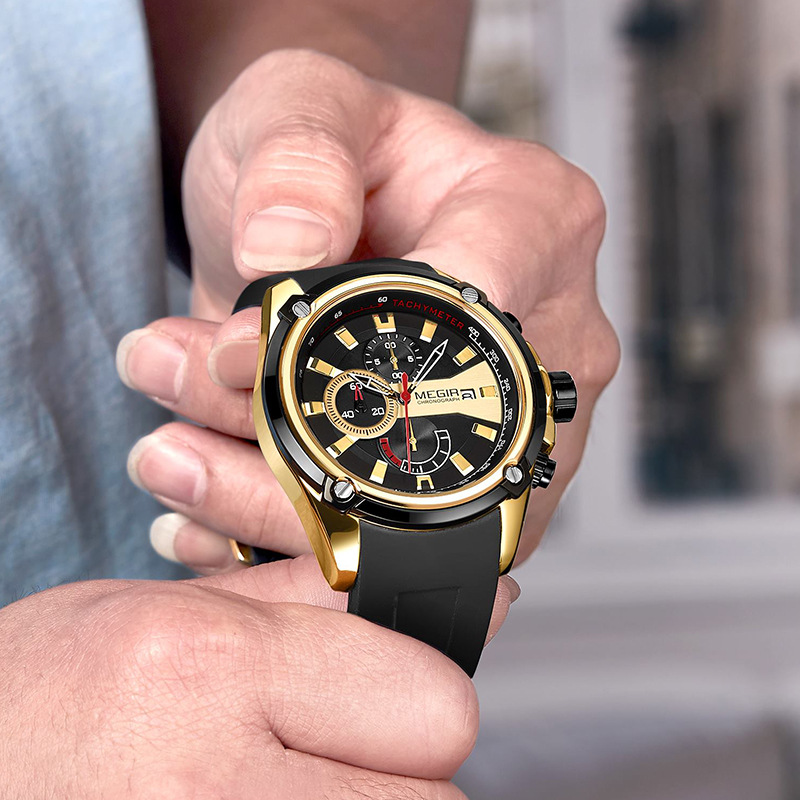 【新款美格尔真三眼计时日历运动硅胶石英男手表】型号：2086G。