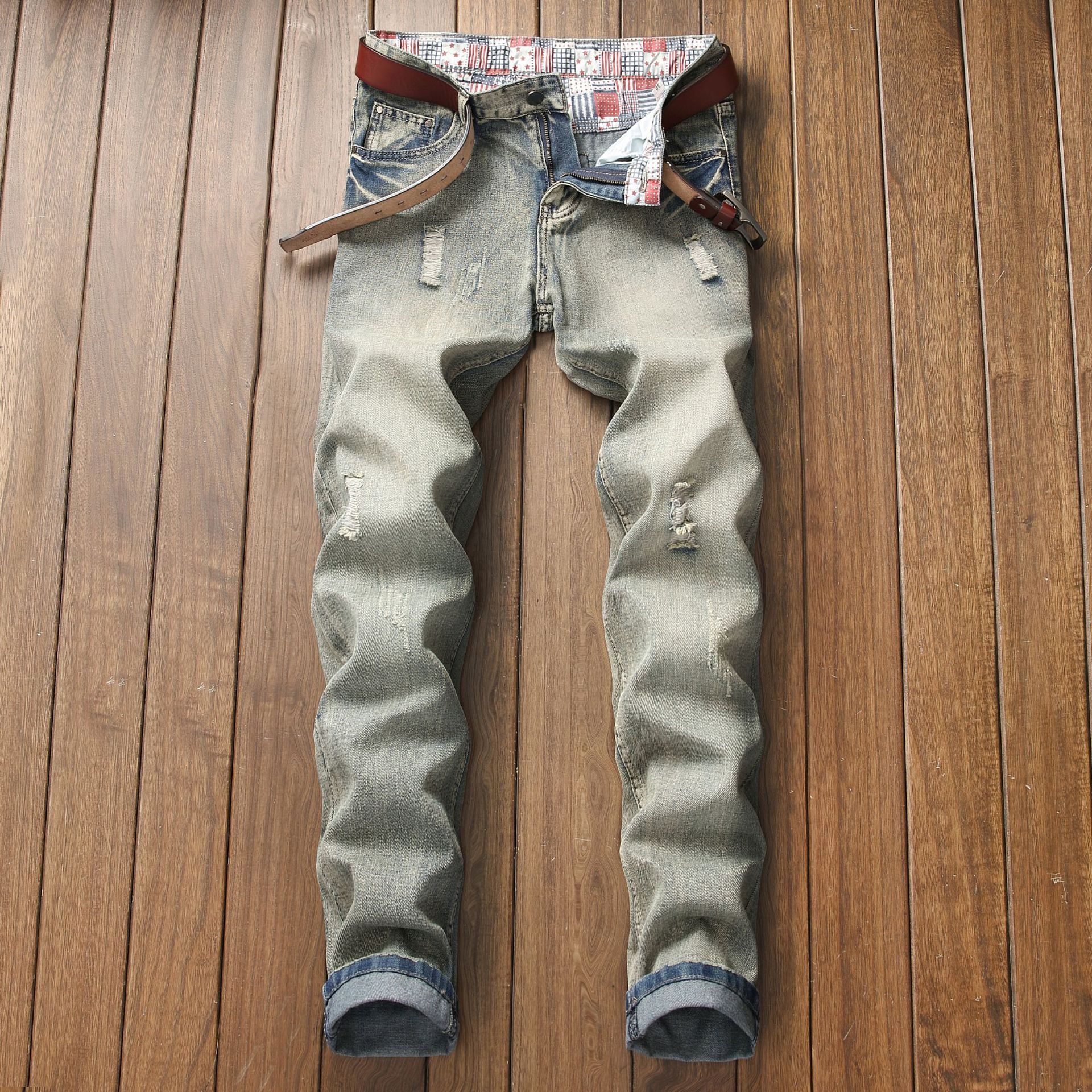 Cross-border foreign trade men's distressed retro jeans, straight leg slim fit men's Wish jeans trousers