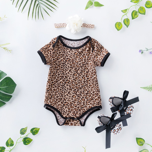 Baby birthday party dresses Jumpsuit short sleeve Khaki toddler shoe cover women creeping suit leopard print children