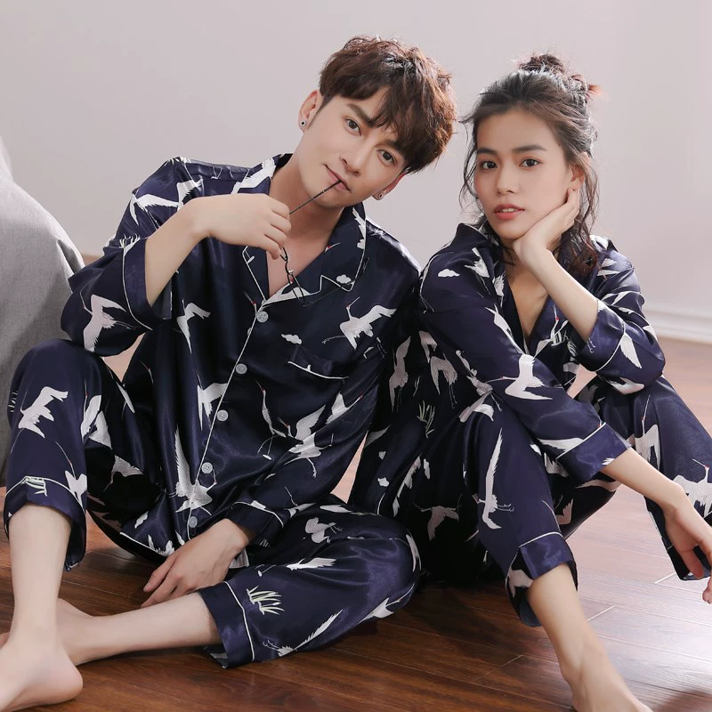 white pajama set SLPBELY Couple Pajamas Set Homesuit Spring Silk Cartoon Bear Long Sleeve Men And Women Pyjamas Lovers Homewear Sleepwear Suit cotton pjs