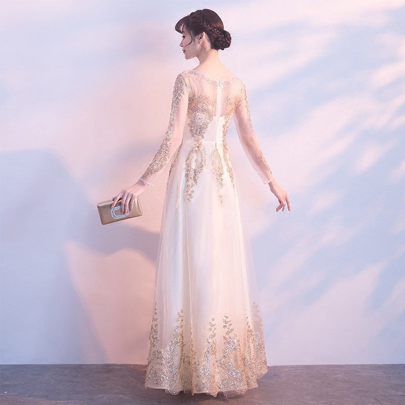 Elegante vestido de noche dorado para mujer, nuevo modelo 2026, vestido de manga larga digno y elegante para reunión anual de empresa, corte ajustado y estilo largo.