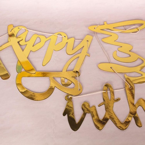 Gold letter hanging flag banner, rich golden first year party decoration flag, happy birthday paper hanging strips and colorful flag wholesale