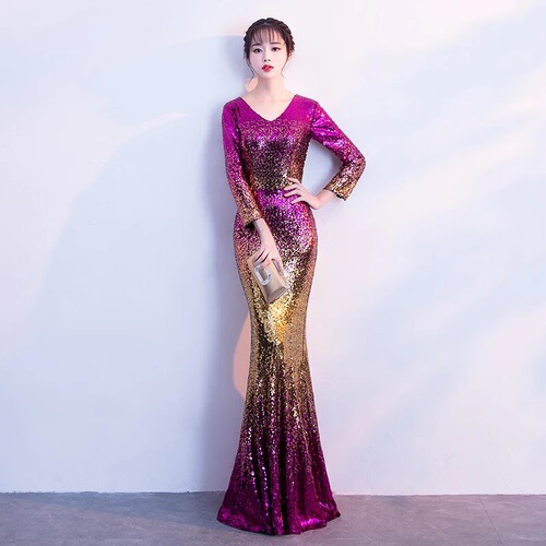 Evening Dresses cocktail party banquet dress vestido de banquete de cóctel Banquet evening dress long bright film long sleeve lady fishtail performance