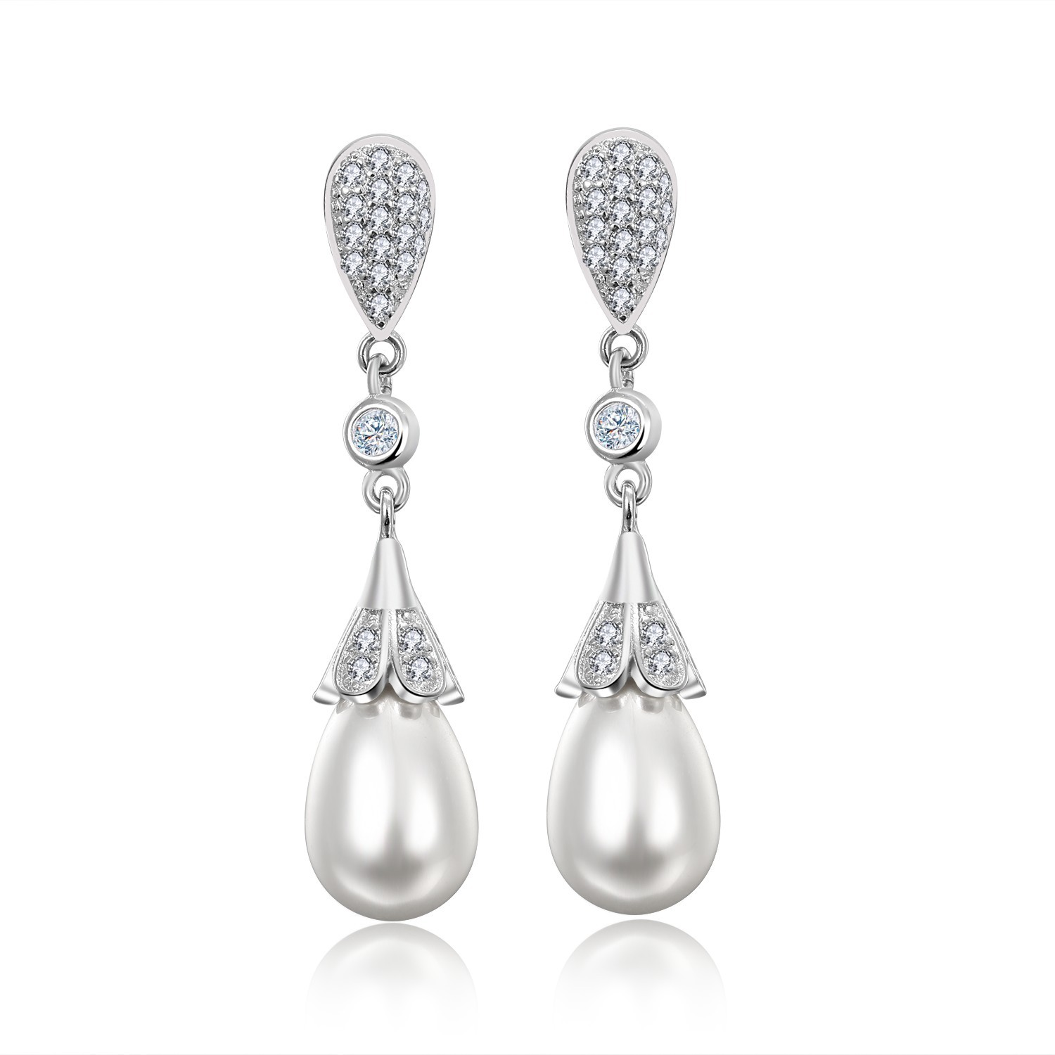 Elegant earrings with tassels from pearl with zircon drop-shaped