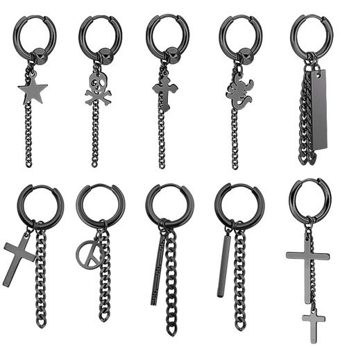 Japanese and Korean hip-hop punk trend men's stainless steel chain earrings cross round black titanium steel earrings ear buckle