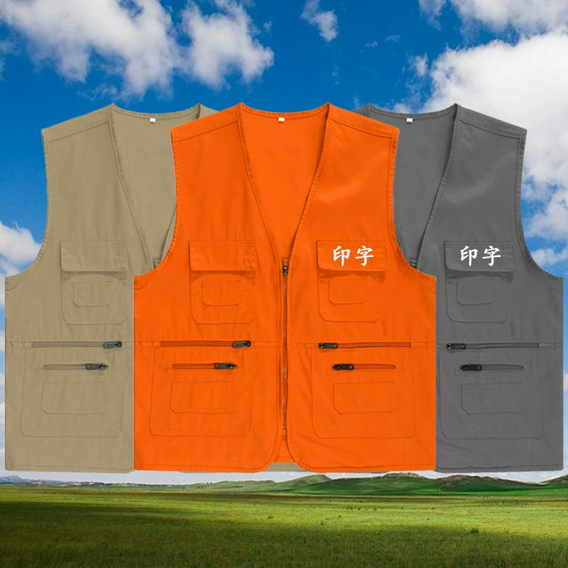 Полиэстер хлопок с несколькими карманами волонтерский рекламный жилет с печатью логотипа на заказ рабочая одежда производитель двухслойного жилета