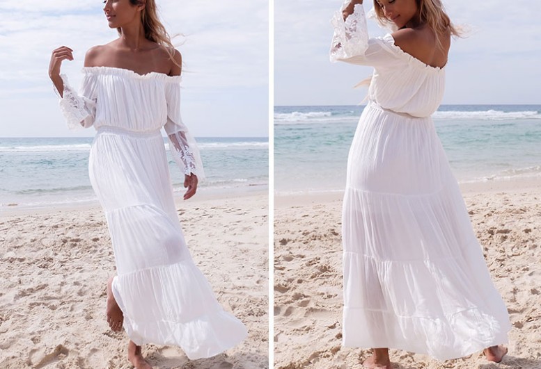 Lace Patchwork Cold-Shoulder Bohemian White Beach Dress - Bohemian White Beach Dress - Uniqistic.com