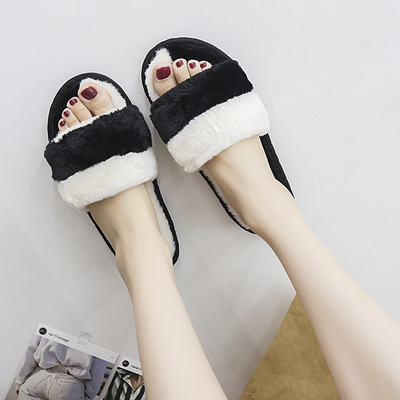 2020 winter indoor Home Maomao Cotton slippers Word tow Plush Month of shoes Flat bottom Plush