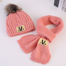 儿童字母V加绒毛线帽男童女童毛球毛线帽针织围巾两件套套装TM26