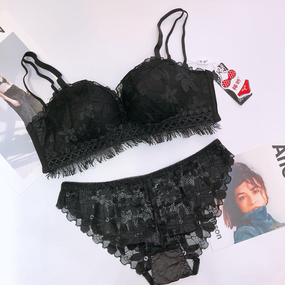 8203 Jade Rabbit Essence Sexy Lace Tassel Medium Thick No Steel Ring Bra Set Small Chest Gathering Women's Underwear_voghion.com