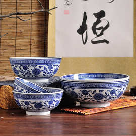 青花瓷缠枝莲直口碗陶瓷仿古碗家用大碗汤碗大碗中碗小碗米饭碗