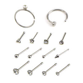 厂家14个穿刺混合套装不锈钢鼻钉鼻圈镶钻C型鼻环7字形鼻钉