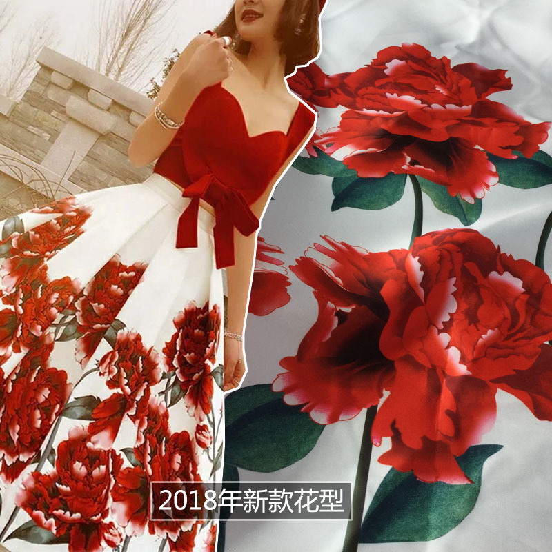 2018年新款 D家同款玫瑰花图案布料市场批发数码印花 现货供应