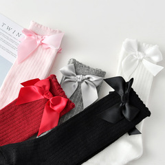 Spring New Children's Socks for Girls, Single Color Striped Bubbling Mouth Mid-Calf Socks with Baby Bowknot Cotton Socks