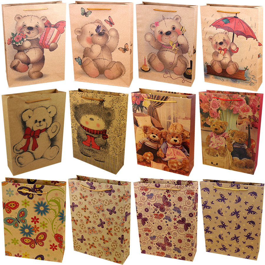 开口牛皮纸袋子礼盒印花服装包装手提袋竖款卡通小熊蝴蝶礼品袋