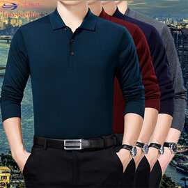 易伽达男式t恤男新款长袖翻领中年商务纯色T恤男春秋季宽松爸爸装