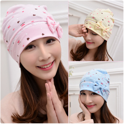 2018秋季新款产妇粉蓝爱心防风帽蝴蝶结产妇帽子纯棉孕妇月子帽|ru