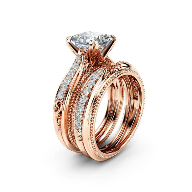 Sanjie Amazon Hot Selling 14K Rose Gold Vintage Inlaid Zircon European and American Engagement Princess Square Diamond Set Ring for Women