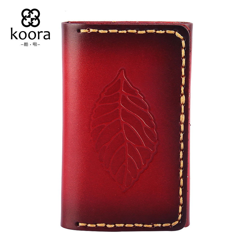 Original manual make Vegetable tanned leather Top layer leather coin purse European style Embossing Leaf cowhide Card package